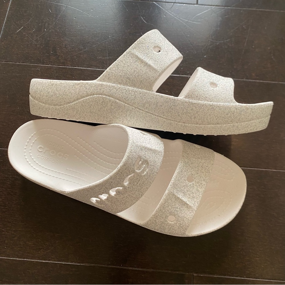 CROCS White Glitter Slide Sandals Sz 9